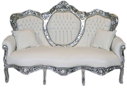 Casa Padrino Barock 3er Sofa King Weiß Lederoptik/Silber - Wohnzimmer Couch Möbel Lounge