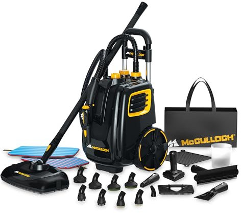 McCulloch MC1385 Deluxe Canister Steam Cleaner with 23 Accessories, Chemical-Free Pressurized Cleaning for Most Floors, Counters, Appliances, Windows, Autos, and More, 1-(Pack), Black