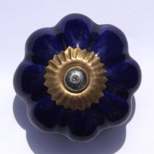 Navy Blue Flower (Brass Fittings) Ceramic Cupboard Door knobs Drawer pulls Shabby Chic Handle Porcelain