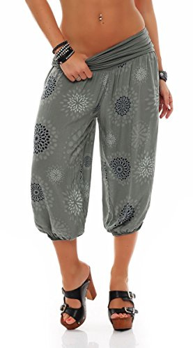 Malito - Damen Haremshose kurz mit Print - Pumphose aus Baumwolle - Leichte 3/4 Stoffhose - Pluderhose zum Tanzen, Chillen & Yoga - knielange Capri Hose 7182 (Oliv)
