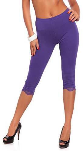 FUTURO FASHION Cropped 3/4 Lenght Cotton Leggings with Lace I Leg Side Floral Lace Capri Leggings I Sexy Summer Cropped Leggings I Sizes 8-22 UK Lilac