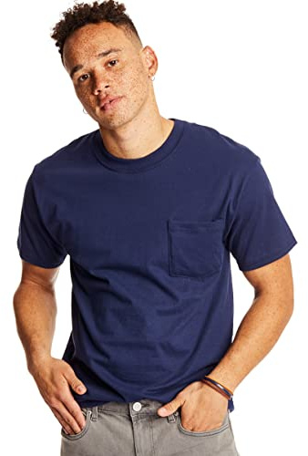 Hanes Mens Beefy-t Pocket T-shirt, Heavyweight Cotton Tee For Men, Full-cut 1 Or 2 Pack Fashion-t-shirts, Navy - 2 Pack, Large US