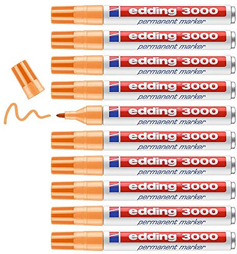 edding 3000 Permanentmarker - hell-orange - 10 Stifte - Rund-Spitze 1,5-3 mm - schnell trocknender Permanent Marker - wasserfest, wischfest - für Karton, Kunststoff, Holz, Metall - Universalmarker