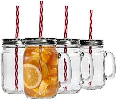 Rink Drink Drinking Mason Jars with Lids and Reusable Straw - Pack of 4-450ml Glass Drinking Jar Mugs with Handles and Screw Top for Overnight Oats, Smoothies, Cocktails, Drinks