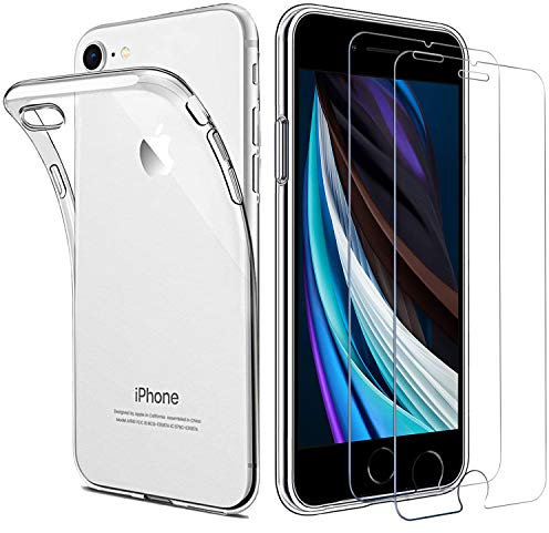 iPhone SE 2020 iPhone 8 iPhone 7 Hülle mit Schutzfolie,[1 Hülle + 2 Schutzfolie] Schutzhülle Folie Glas TPU Silikon Case Cover Tasche Schale Weiche Transparent für iPhone SE 2020/8/7