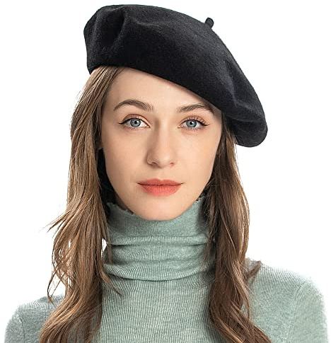 ZLYC Wool French Beret Hat Solid Color Beret Cap for Women Girls (Black)