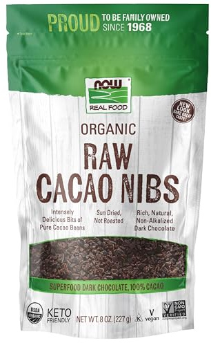 NOW Foods, Organic Raw Cacao Nibs, Rich, Pure Cacao Bean Bits, Dark Chocolate Flavor, Certified Non-GMO 8-Ounce (Packaging May Vary)
