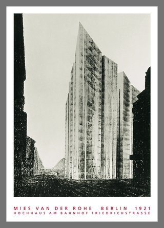 Germanposters Ludwig Mies Van der Rohe Berlin Hochhaus Friedrichstrasse Poster Kunstdruck Bild im Alu Rahmen in Champagne 106x76cm