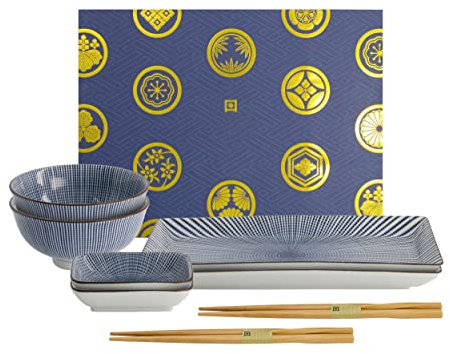 Tokyo Design Studio, Sendan Tokusa Blue, Sushi Set, 8teilig. 2 Sushi Platten, 2 Reisschalen, 2 Saucenschalen, 2 Paar Holz Chopsticks. Sushiteller Porzellan Set.