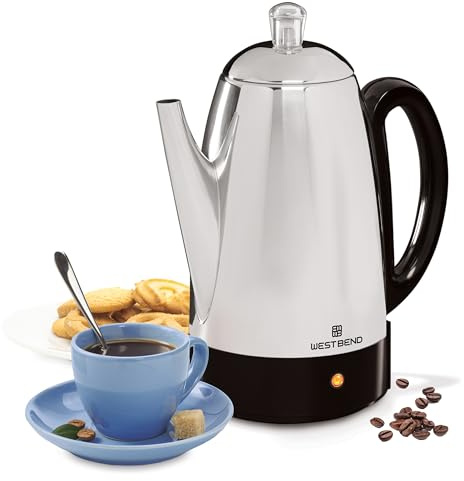 West Bend Electric Percolator Classic Style Coffee Maker with Heat Resistant Handle Base and Detachable Cord with Stainless Steel Stem and Basket, 12-Cup, Silver