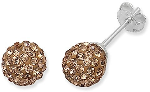 8MM Champagne Gold Sparkly Austrian Crystal Round Pave Disco/Glitter Ball Sterling Silver Stud Earrings/Ear Studs for Women Ladies Girls - 925 Sterling Silver