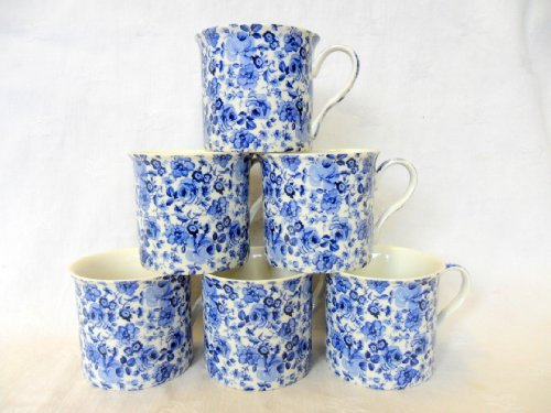 Heron Cross Pottery Set of 6 China Palace Mugs in Blue Rose Chintz Design