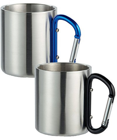 noTrash2003 2 Stück Doppelwandiger Edelstahl Kaffeebecher mit Karabinerhaken zur Befestigung am Rucksack mit schwarzem und blauen Karabiner