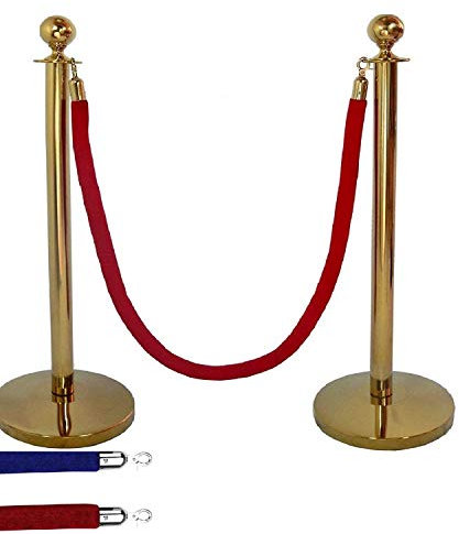 Gold Titanium Queue Barrier Posts (Pair) with 1.5M RED Rope Stainless Steel Stanchion Divider Set Crowd Control Lines-BAR-S (RED Rope) (Gold+REDROPE)