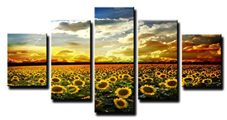 Visario 5535 Immagini e Stampe artistiche su Tela 160 x 80 cm, Sole Fiore Cinque Pezzi, Multicolore, Legno