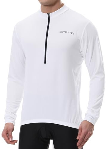 Spotti Men's Long Sleeve Cycling Jersey, Bike Biking Shirt- Breathable and Quick Dry (Chest 38-40 - Medium, White)