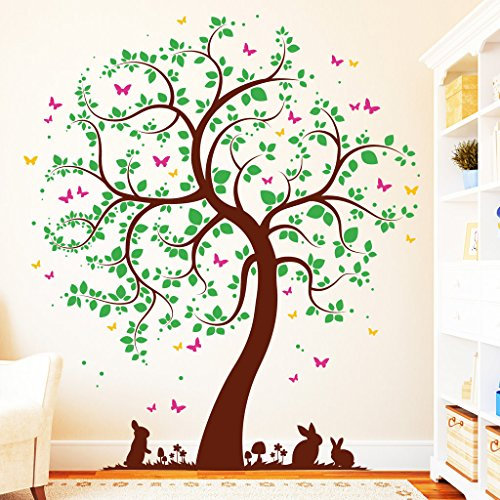 Wandtattoo Loft Wandaufkleber 4farbig „Baum mit Häschen“- Selbstklebender Wandsticker in 4 frei wählbaren Farben / 3 Größen/Baum mit Wiese und Hasen/dunkelgrün / 120 cm breit x 140 cm hoch