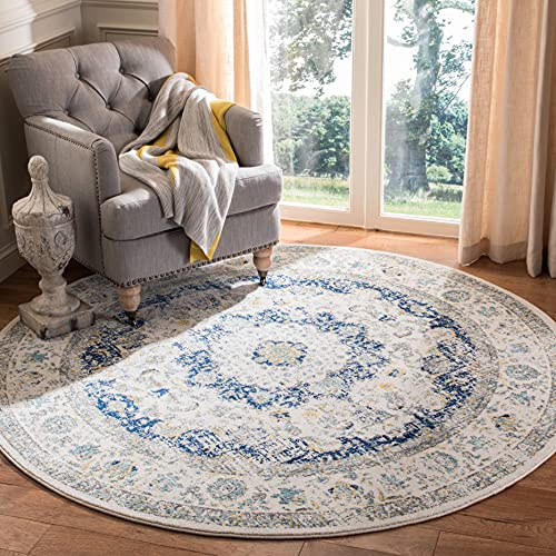 SAFAVIEH Evoke Collection Area Rug - 6'7 Round, Ivory & Blue, Shabby Chic Oriental Medallion Design, Non-Shedding & Easy to Clean, Ideal for Living Room, Bedroom, Dining Space (EVK220C)