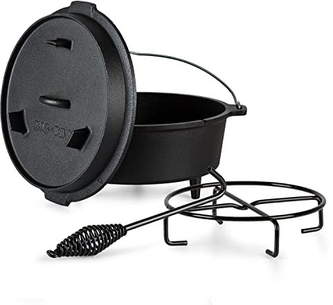ToCis Big BBQ Dutch Oven Set Guernsey | fertig eingebrannter 6qt Gusseisen Topf | 7.3 Liter Feuertopf | Dutch Oven Zubehör inklusive Deckelheber und Topfständer | Raketenofen Outdoor mit Füße