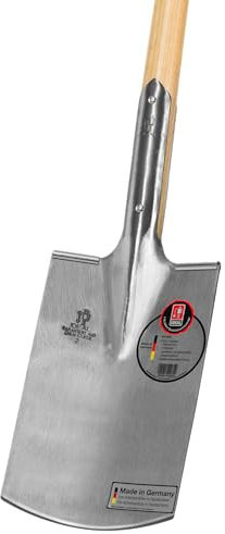 IDEAL Spaten Gärtner Form | für mittelfeste, leicht steinige Böden | feinpolierter Doppelfederspaten, selbstschärfend, mit Tritt, Hickory -T-Stiel 85 cm