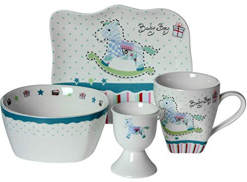 Supernova Decoracion-Vajilla Infantil 4 Piezas de cerámica Decorada con Caballito en Tonos celestes.