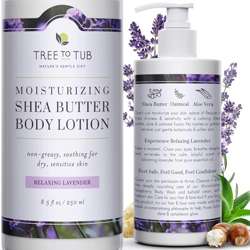 Tree To Tub LavendelSheabutterKörperlotion für trockene Haut – feuchtigkeitsspendende empfindliche Hautlotion für Frauen und Männer, vegane Körperfeuchtigkeitscreme mit BioAloe Vera, Kakaobutter,