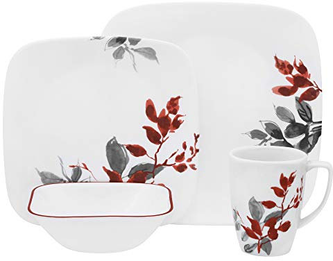 Corelle 16-Piece Vitrelle Glass Kyoto Leaves Chip and Break Resistant Dinner Set, Service for 4, Red/Grey