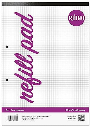 RHINO A4 Refill Pad, Writing Pad, 160 Page / 5mm Squared, 1 Pack, White Hole Punched Top Binding Writing Paper, Office & School Stationery Supplies