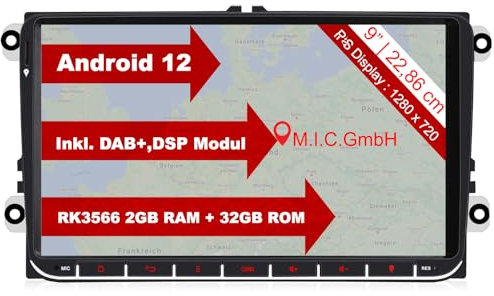M.I.C. AV9-lite Android 12 Autoradio mit navi Ersatz für VW Golf t5 touran Passat RNS RCD Skoda SEAT: DSP DAB Plus Bluetooth 5.0 WiFi 2 din 9 IPS Bildschirm 2G+32G USB Auto zubehör DE/at/CH