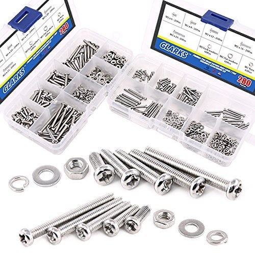 Glarks 560-Pieces M2 M3 Pan Head Phillips Stainless Steel Screws Bolts Nuts Lock and Flat Gasket Washers Assortment Kit