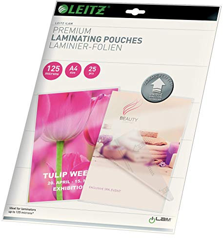 Leitz Heißlaminierfolien A4 125 mic, Laminierfolien in Premium-Qualität im 100er Pack, Glänzend, Transparent, Vereinfachtes Einlegen durch UDT, iLAM, 74810000