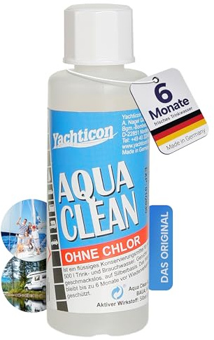 YACHTICON Aqua Clean Flüssig ohne Chlor – Trinkwasser-Konservierung für mittelgroße Wassertanks – hält bis zu 6 Monate frisch, auf Silberbasis, bewährte Formel seit 1982 – Made in Germany