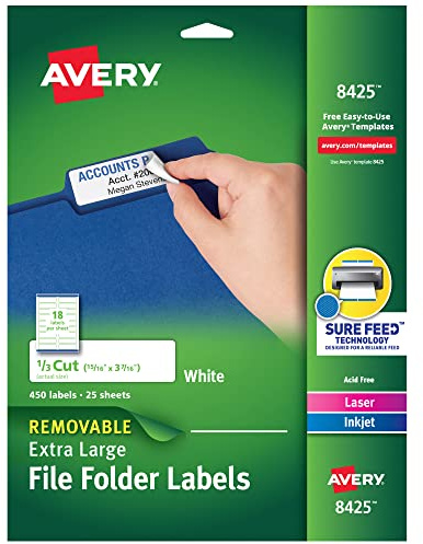 Avery Extra Large File Folder Labels, Removable Adhesive, Matte White, 15/16 x 3-7/16, 450 Labels (8425)