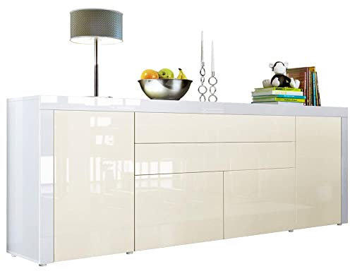 Vladon Sideboard La Paz V2, Made in Germany, Kommode mit 2 Türen, 2 Schubkästen und 2 Klappen, Weiß Hochglanz/Creme Hochglanz/Weiß Hochglanz (200 x 72 x 35 cm)