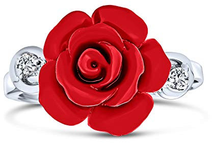 Bague Statement Rose Sculptée Rouge Accent CZ Mode Fleur Pour Femmes Pour Adolescente en Argent Sterling .925