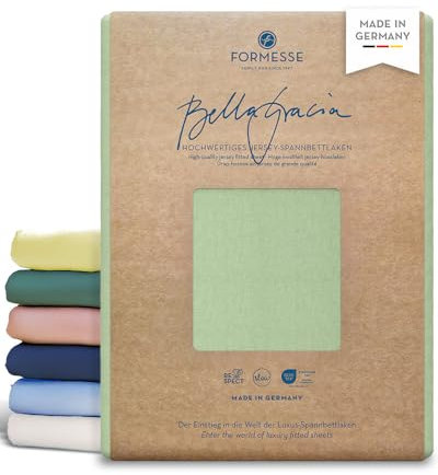 Formesse – Bella Gracia Jersey Spannbettlaken 200x220-200x240cm - bis 25cm Höhe - 97% Baumwoll-Kompaktgarn/Spannbetttuch aus Deutschland/Baumwoll Bettlaken mit Elastan - Farbe Pistazie
