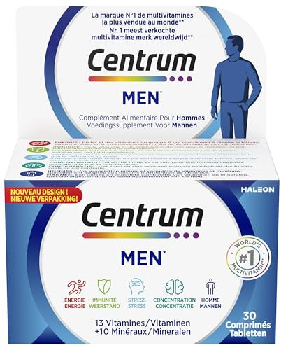 Centrum Men Multi Vitamines et Minéraux, 13 Vitamines et 10 Minéraux, Complément Alimentaire, Pour Homme, 30 comprimés