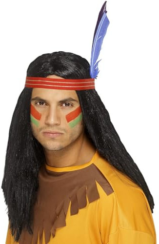 Smiffys Indianer-Perücke von amerikanischen Ureinwohnnern inspiriert, tapferer Indianer, lang, glatt und schwarz, Stirnband und Federn