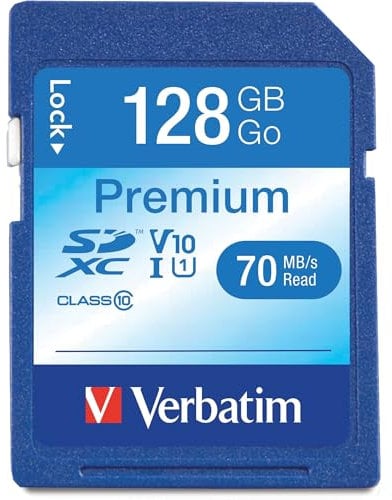 Verbatim Premium U1 SDXC Speicherkarte, 128 GB, SD Karte für Full HD Videoaufnahmen, Karte mit integriertem Schreibschutz, Speicherkarte schwarz, SD Speicherkarte für ua. Kamera und PC