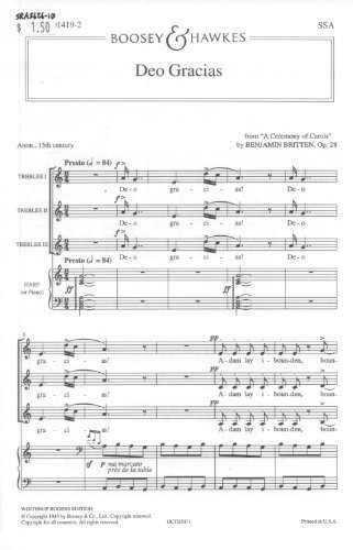A Ceremony of Carols: Deo Gracias. op. 28. Kinderchor (Frauenchor) (SSS) und Harfe (Klavier). Chorpartitur.