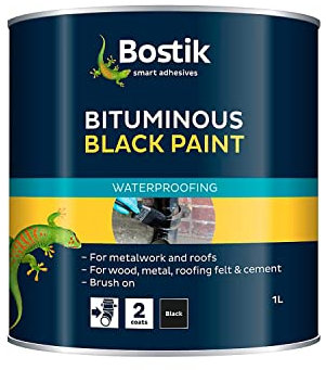Bostik Bituminous Black Paint, Waterproofing Paint for Metalwork and Roofs, Brush On, Colour: Black, 1L Tin
