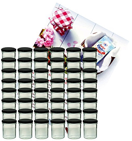 MamboCat Lot de 48 bocaux à confiture en verre de 350 ml avec couvercles noirs To 82 + livret de recettes Diamant-Zucker Gelierzauber (français non garanti)