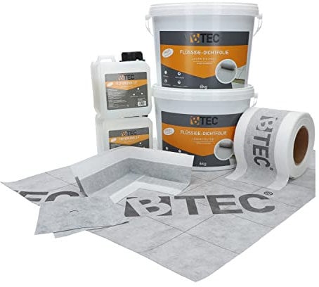 Dicht-Set 3B große Duschnische Standard 12kg Flüssige Dichtfolie, Abdichtungsbahn inklusive Dichtband, Innenecken und Wandmanschetten, 2 l Tiefgrund