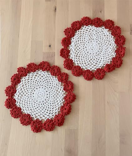 Fennco Styles handgefertigtes zweifarbiges Häkeldeckchen aus Stoff, 22,9 cm rund, 2 Stück, 17 Farben (rot)