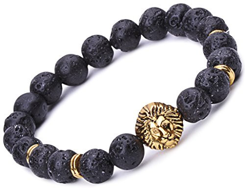 Unendlich U Damen Herren Buddha Armband Armreif, Löwe-Kopf Legierung Stretcharmband, Lavastein Kugeln Perlen Gebet Mala Energiearmband