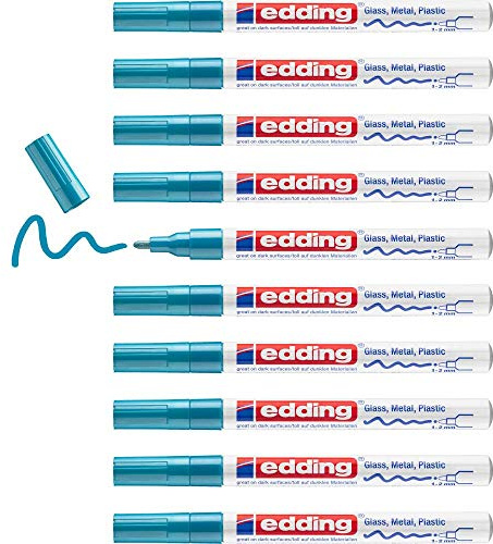 edding 751 gloss paint marker - light blue - 10 paint markers - round tip 1-2 mm - paint pen for glass, pebbles, wood, plastic, paper - waterproof, high coverage