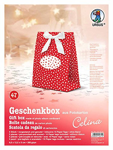 Ursus 5150047 - Geschenkbox Celina, Sterne rot, 5 Stück, aus Fotokarton 300 g/qm, beidseitig bedruckt, vorgestanzt und genutet, inklusive 10 Paper Tags, ideal für kleine Überraschungen