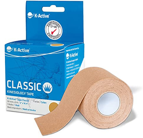 K-Active Tape Classic | Kinesiotapes super hautverträglich | wasserfest | Kinesiologie Tape für Sport & Therapie, extra langer Halt | [5cmx5m] beige