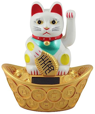 Superfreak Glückskatze - Maneki-Neko - Winkekatze Solar - ovaler Sockel - 14 cm - weiß