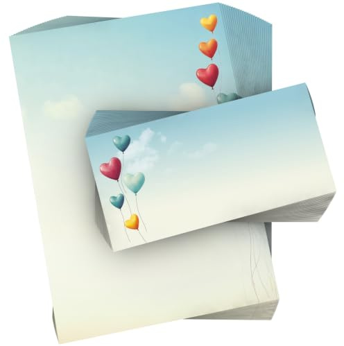 paperandpicture Set „Love is in the air“ – 20 Blatt DIN A4 Motivpapier & 20 DIN LANG Kuverts, Herzballon-Design, romantisch & hochwertig, für Hochzeit, Briefe, made in Germany